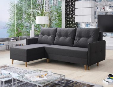 Narożnik z funkcją spania Baldur L-kształtny z pojemnikiem na pościel ciemnoszara plecionka