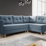 Narożnik z funkcją spania Baldur L prawy z pojemnikiem na pościel niebieska plecionka