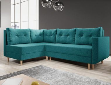 Narożnik z funkcją spania Baldur L lewy z pojemnikiem na pościel turkusowa plecionka