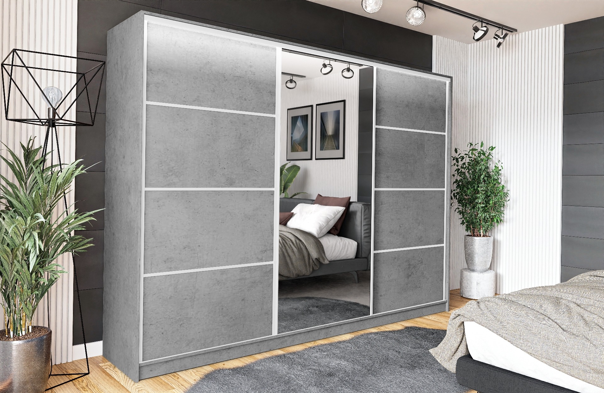 Szafa przesuwna VIP 270 cm z lustrem i szufladami beton