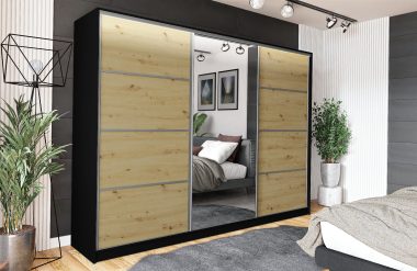 Szafa trzydrzwiowa przesuwna VIP 250 cm z lustrem i szufladami dąb artisan