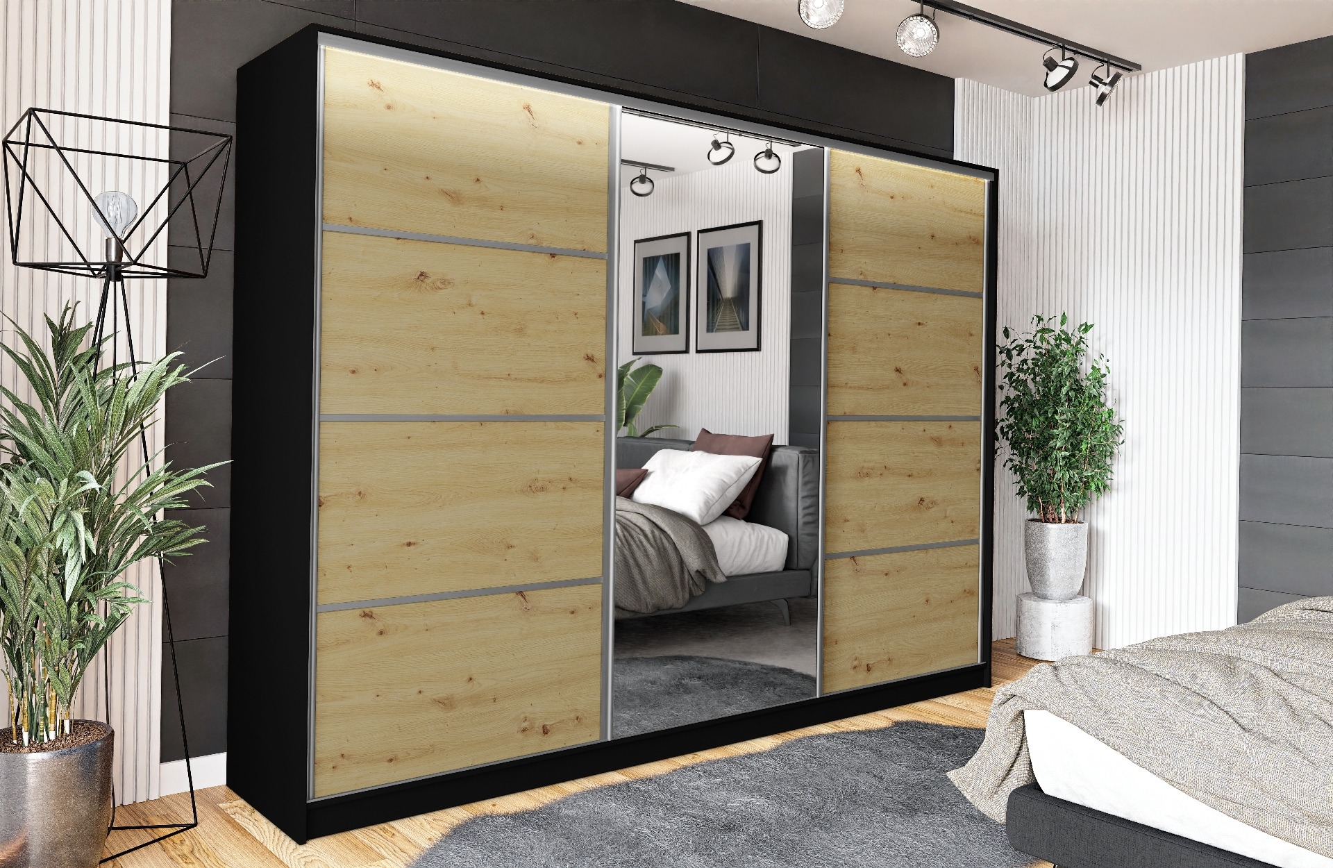 Szafa trzydrzwiowa przesuwna VIP 270 cm z lustrem i szufladami dąb artisan