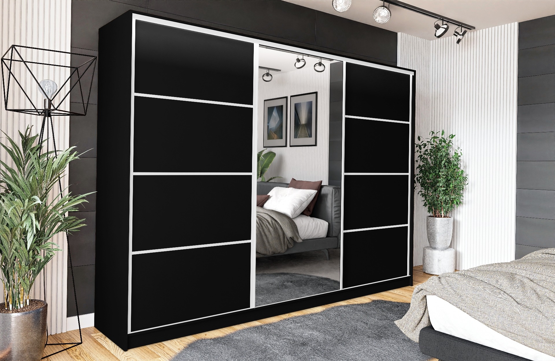 Szafa trzydrzwiowa przesuwna VIP 200 cm z lustrem i szufladami czarny mat