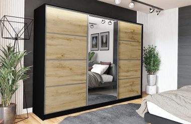 Szafa trzydrzwiowa przesuwna VIP 200 cm z lustrem i szufladami dąb wotan