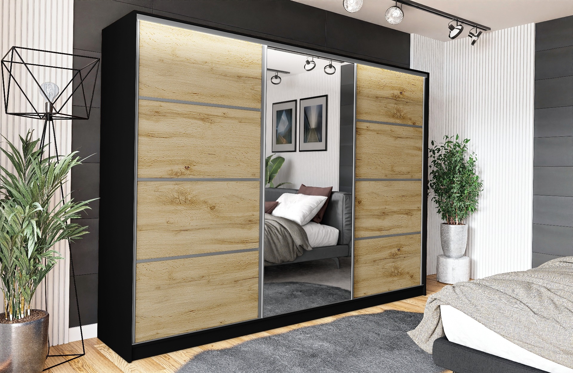 Szafa trzydrzwiowa przesuwna VIP 250 cm z lustrem i szufladami dąb wotan