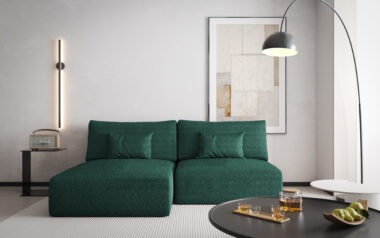 Narożnik z funkcją spania Modulo uniwersalny L-kształtny z pojemnikiem na pościel butelkowa zieleń plusz