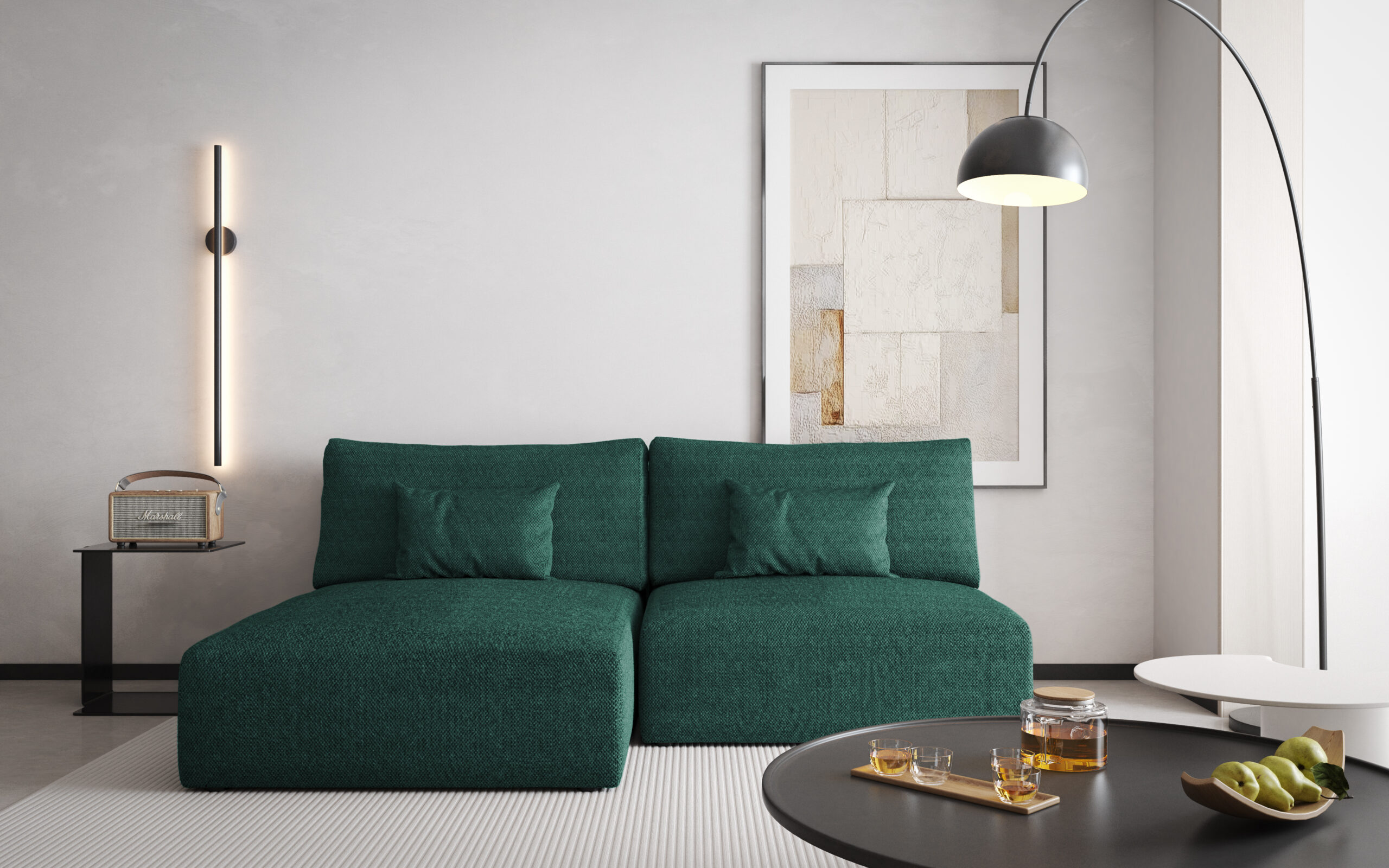 Narożnik z funkcją spania Modulo uniwersalny L-kształtny z pojemnikiem na pościel butelkowa zieleń plusz