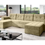 Narożnik z funkcją spania Bari U-kształtny z pojemnikiem na pościel beżowy welur