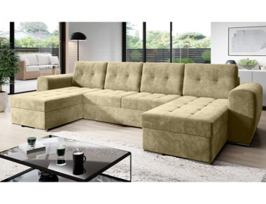 Narożnik z funkcją spania Bari U-kształtny z pojemnikiem na pościel beżowy welur