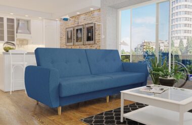 Wersalka z funkcją spania PRL z pojemnikiem na pościel granatowa plecionka