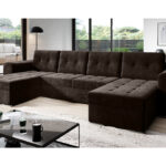 Narożnik z funkcją spania Bari U-kształtny z pojemnikiem na pościel brązowy welur