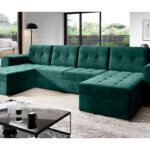 Narożnik z funkcją spania Bari U-kształtny z pojemnikiem na pościel butelkowa zieleń welur