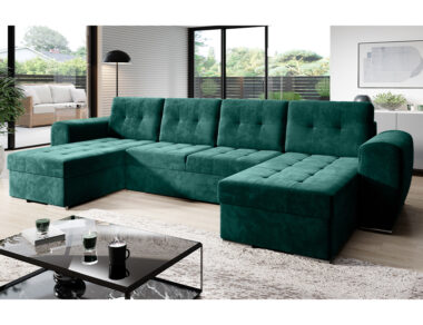 Narożnik z funkcją spania Bari U-kształtny z pojemnikiem na pościel butelkowa zieleń welur