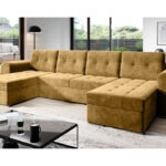 Narożnik z funkcją spania Bari U-kształtny z pojemnikiem na pościel musztardowy welur
