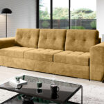 Kanapa z funkcją spania Bari z pojemnikiem na pościel musztardowy welur