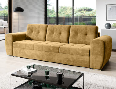 Kanapa z funkcją spania Bari z pojemnikiem na pościel musztardowy welur