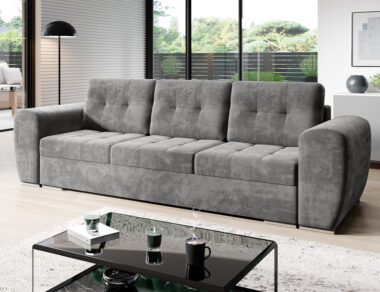 Kanapa z funkcją spania Bari z pojemnikiem na pościel szary welur