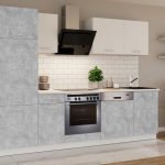 Praktyczne meble kuchenne Toni w kolorze jasny beton i biały połysk