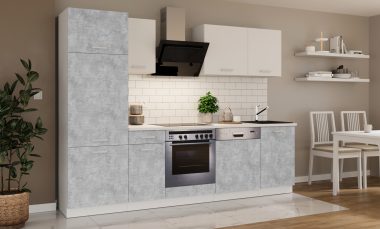 Praktyczne meble kuchenne Toni w kolorze jasny beton i biały połysk