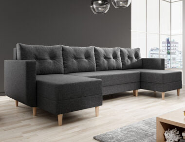 Narożnik z funkcją spania Baldur U-kształtny z pojemnikiem na pościel ciemnoszara plecionka