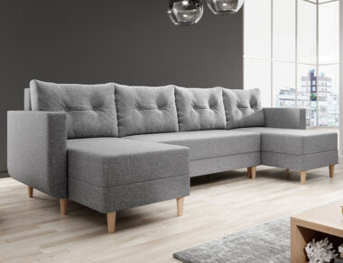 Narożnik z funkcją spania Baldur U-kształtny z pojemnikiem na pościel jasnoszara plecionka