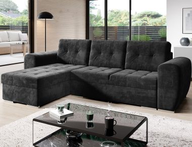 Narożnik z funkcją spania Bari uniwersalny L-kształtny z pojemnikiem na pościel grafitowy welur