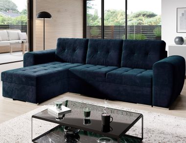 Narożnik z funkcją spania Bari uniwersalny L-kształtny z pojemnikiem na pościel granatowy welur