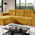 Narożnik z funkcją spania Bari uniwersalny L-kształtny z pojemnikiem na pościel musztardowy welur