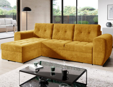 Narożnik z funkcją spania Bari uniwersalny L-kształtny z pojemnikiem na pościel musztardowy welur