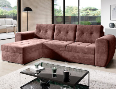 Narożnik z funkcją spania Bari uniwersalny L-kształtny z pojemnikiem na pościel różowy welur