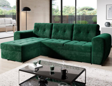 Narożnik z funkcją spania Bari uniwersalny L-kształtny z pojemnikiem na pościel butelkowa zieleń welur