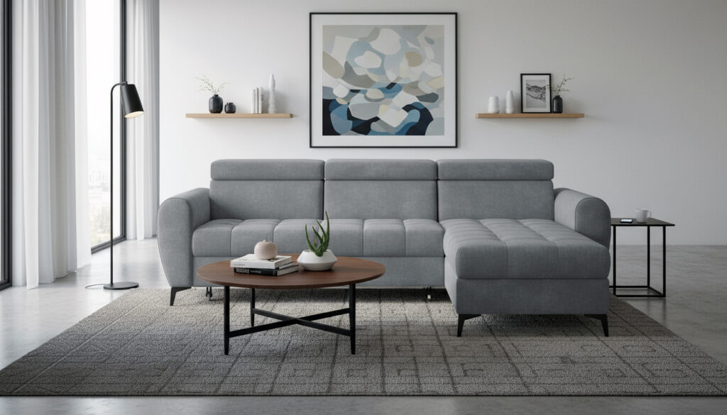 Szara kanapa i szare ściany w salonie