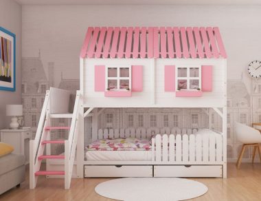 Łóżko piętrowe Gaby w kształcie domku różowo-białe