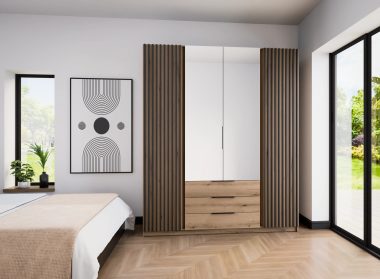 Szafa Kaja 200 cm z lustrem i szufladami dąb evoke z czarnymi lamelami