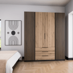 Szafa Kaja 200 cm z szufladami dąb evoke z czarnymi lamelami