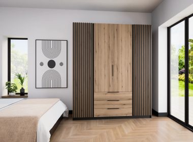 Szafa Kaja 200 cm z szufladami dąb evoke z czarnymi lamelami