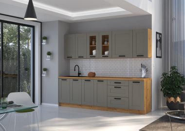 Klasyczne meble kuchenne Luna w kolorze claygreyoraz dąb artisan z czarnymi uchwytami idealne do niewielkiej kuchni