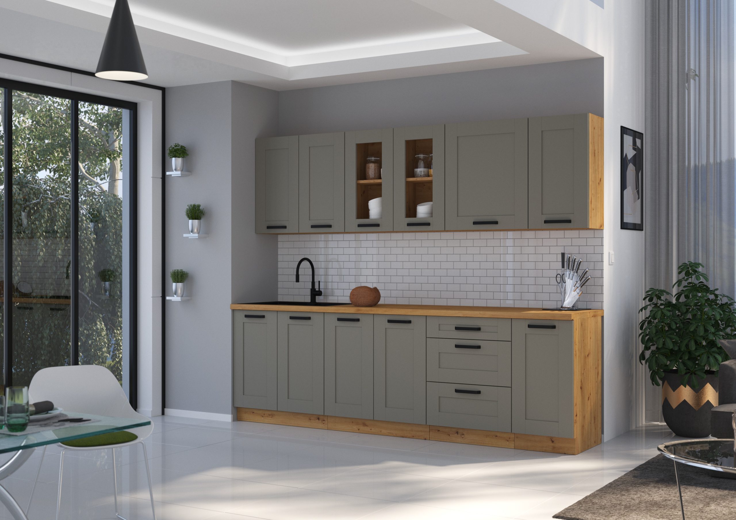 Klasyczne meble kuchenne Luna w kolorze claygreyoraz dąb artisan z czarnymi uchwytami idealne do niewielkiej kuchni