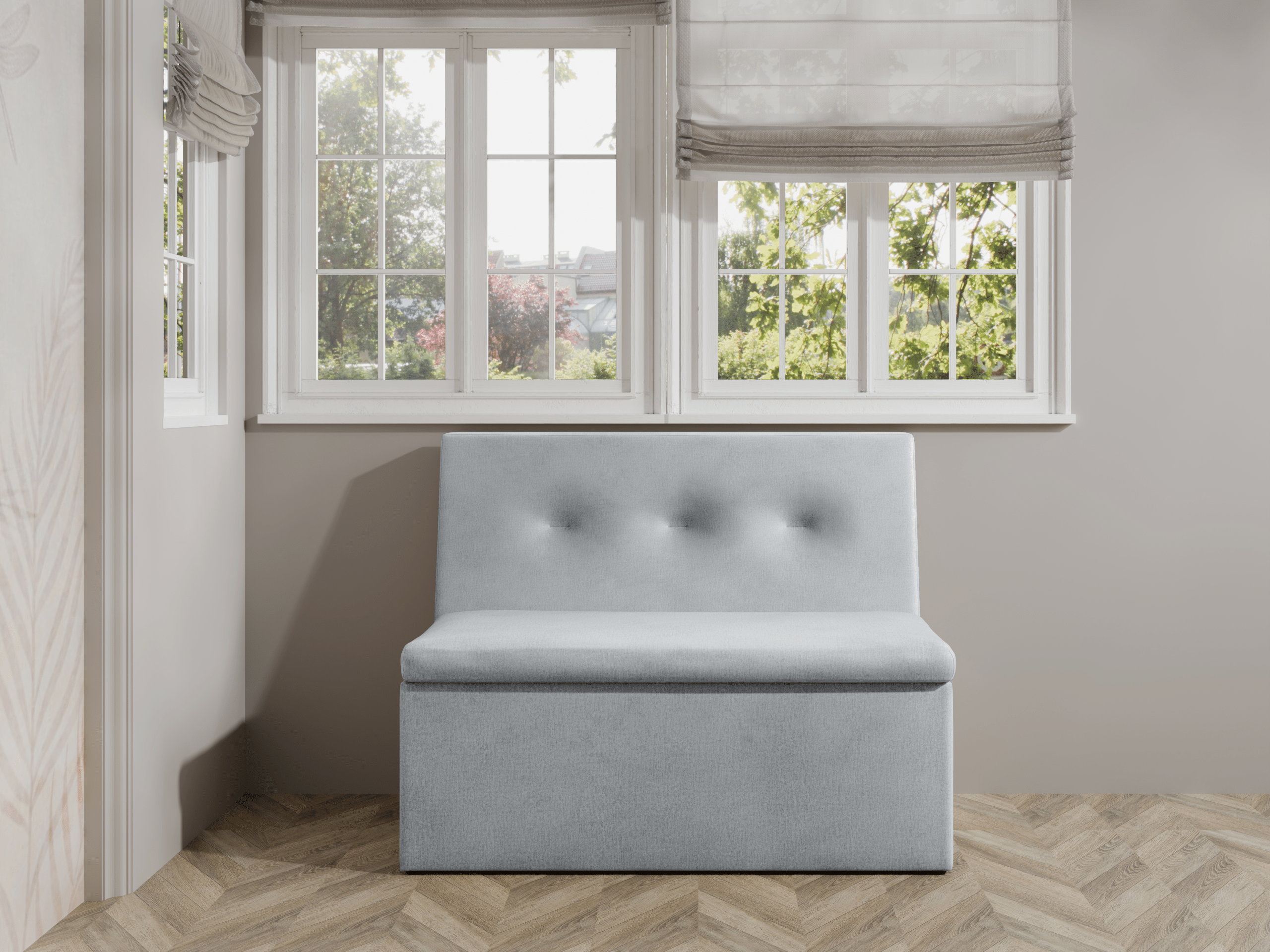 Ławka tapicerowana London 120×55 ze schowkiem jasnoszary welur