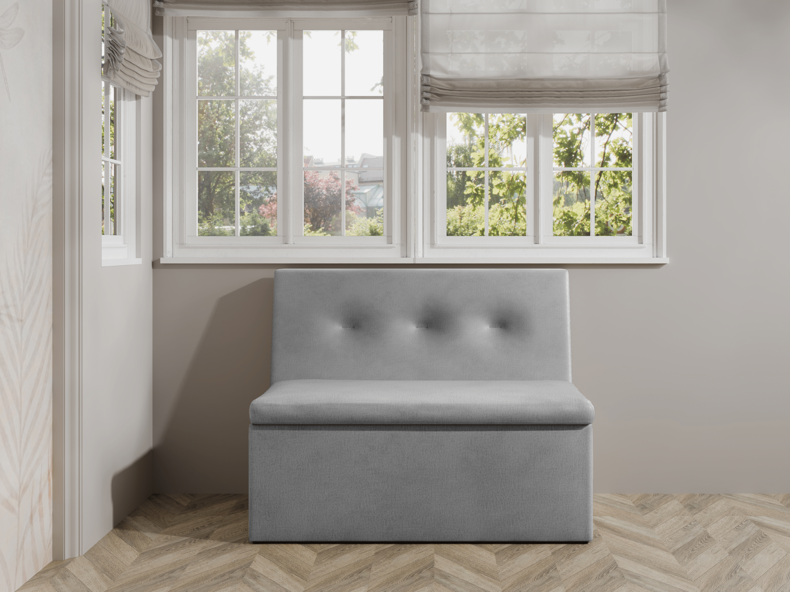 Ławka tapicerowana London 120×55 ze schowkiem szary welur