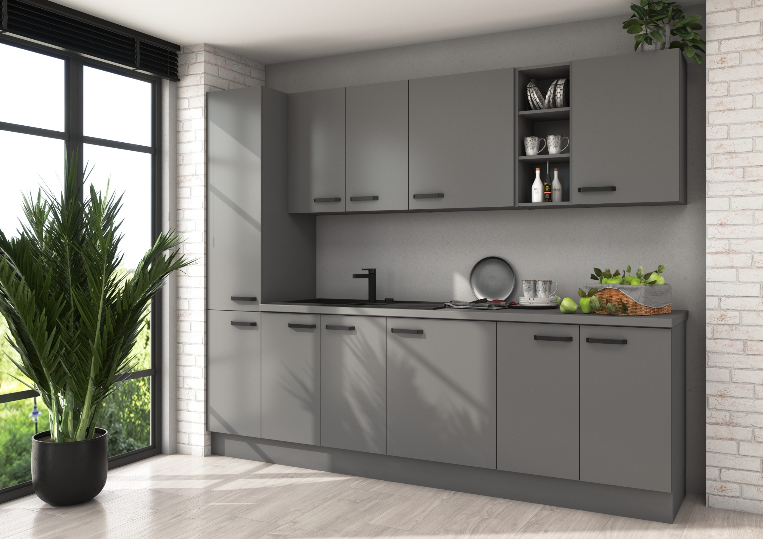 Nowoczesne meble kuchenne Nessa kolor antracyt z szafkami i szufladami