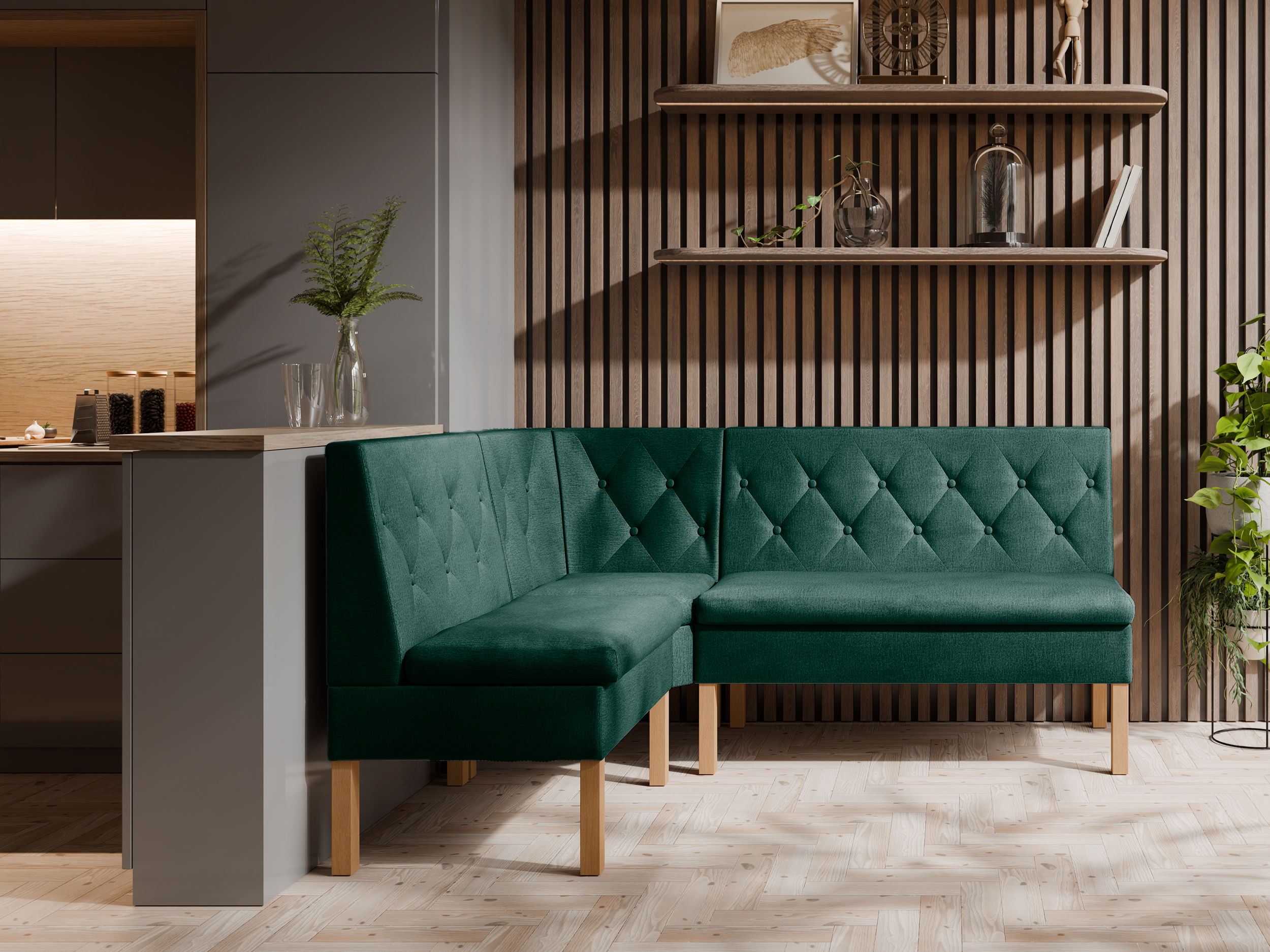 Narożnik kuchenny Praga 140x180 ze schowkami butelkowozielony welur