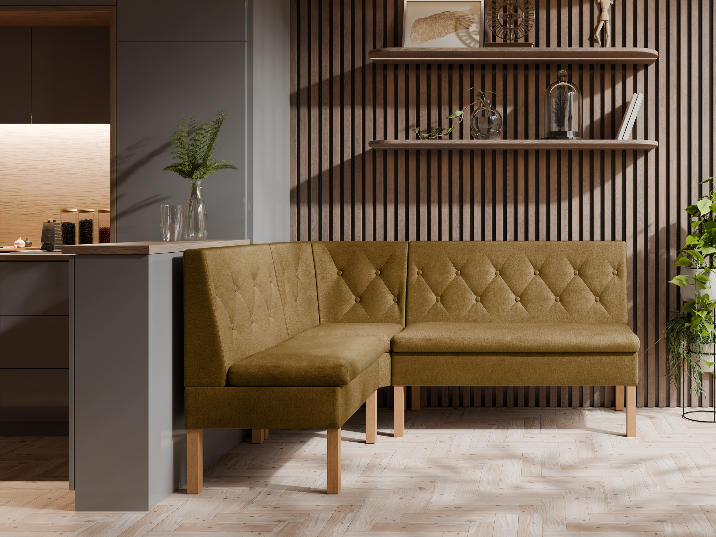 Narożnik kuchenny Praga 140x200 ze schowkami musztardowy welur