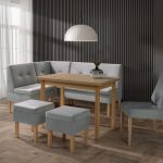 Wygodny narożnik kuchenny Paris w zestawie ze stołem, krzesłem i siedziskiem