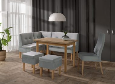 Wygodny narożnik kuchenny Paris w zestawie ze stołem, krzesłem i siedziskiem