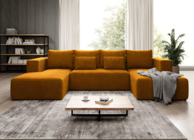 Narożnik z funkcją spania Stripes U-kształtny z pojemnikiem na pościel musztardowy sztruks