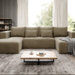 Narożnik z funkcją spania Stripes U-kształtny z pojemnikiem na pościel beżowy sztruks