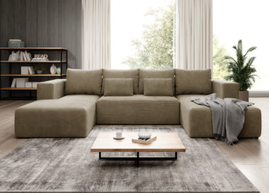 Narożnik z funkcją spania Stripes U-kształtny z pojemnikiem na pościel beżowy sztruks