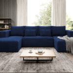 Narożnik z funkcją spania Stripes U-kształtny z pojemnikiem na pościel granatowy sztruks