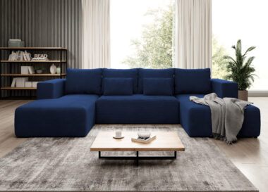 Narożnik z funkcją spania Stripes U-kształtny z pojemnikiem na pościel granatowy sztruks